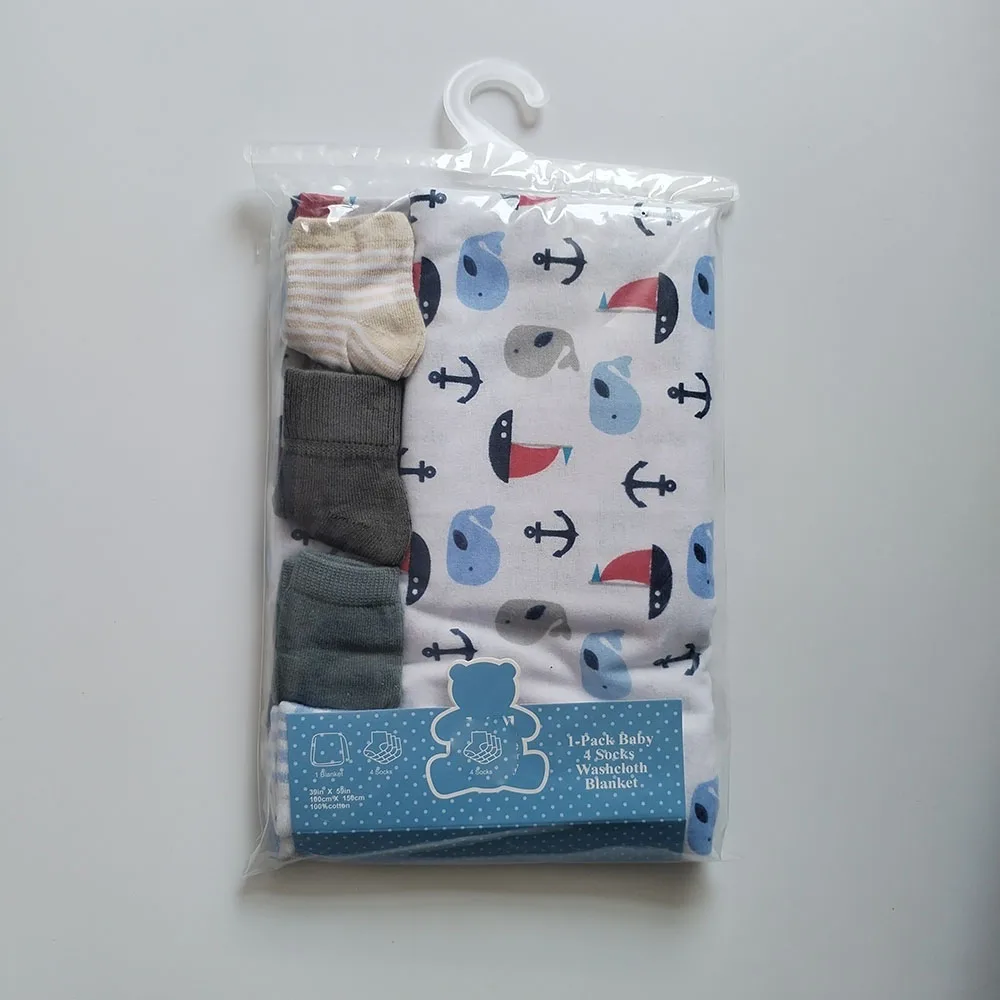 Wholesale Price Baby Receiving Blankets 100 Cotton Large Size 150*100cm Baby Bedding With 4 Pairs Knitted Socks