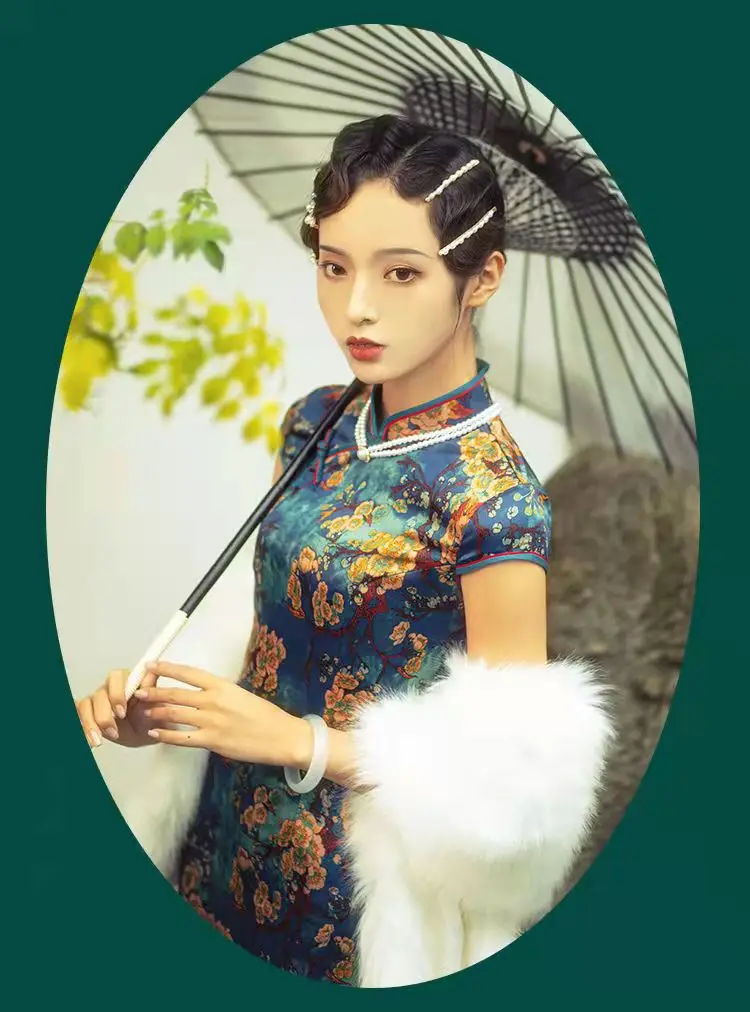 Women Sleeveless  Dress Chinese Style print Flower Cheongsam for lady party