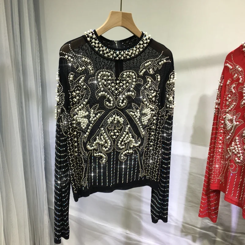 Beads Slimming Luxury Blouses Women Long Sleeve Mesh Top Female Inner Wear Outer Wear Slimming Bottoming Shirt