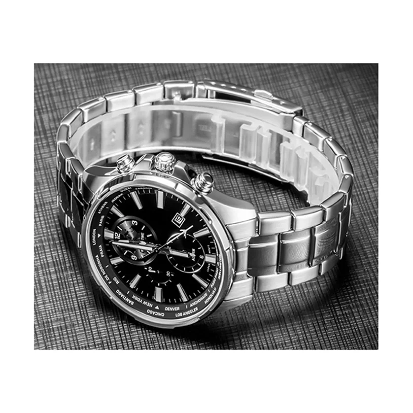 Popular stainless steel case calendar alarm GMT Japanese movement men waterproof quartz watch