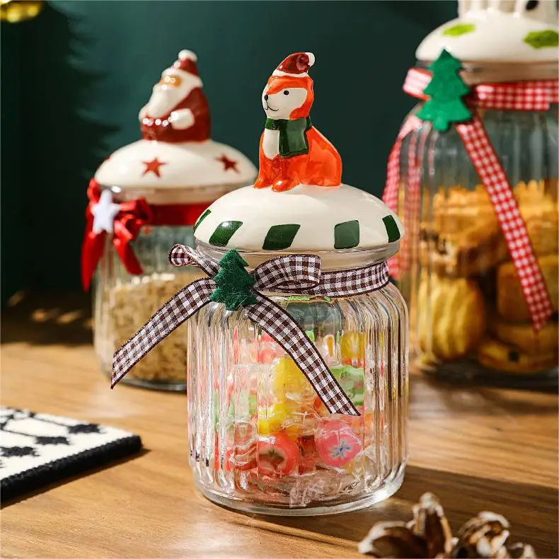 Christmas Tableware jam jar glass straight food storage jar with lid Christmas design glass storage jar