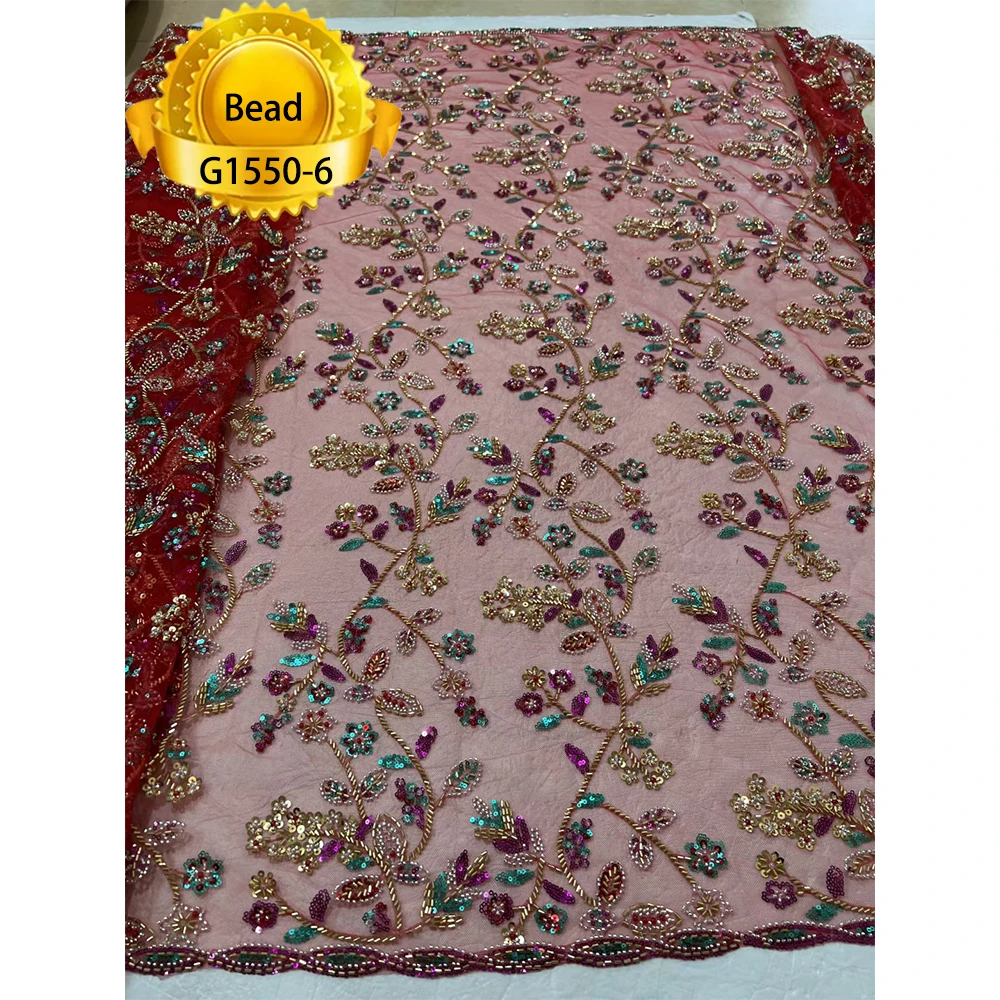 Red Color Embroidery Beads And Flower Pattern Ladies Dress Voile Lace Fabric African Swiss Tulle Fabrics