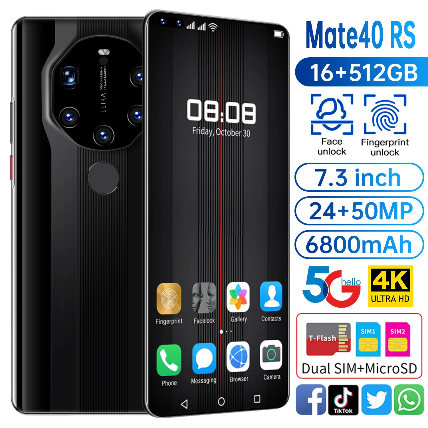Mate40 RS 7.2 Inch 5G LET Cellphones Five Camera Android Smartphones 12+512GB Ultra Unibody Dual SIM Mobile Phone