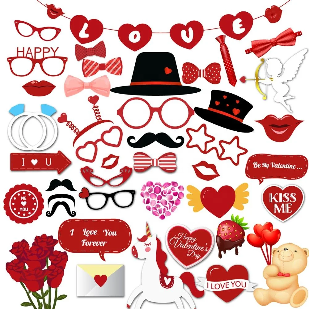 YISHU valentines day photo booth props DIY 42 packs party props valentines photo booth with bamboo stick