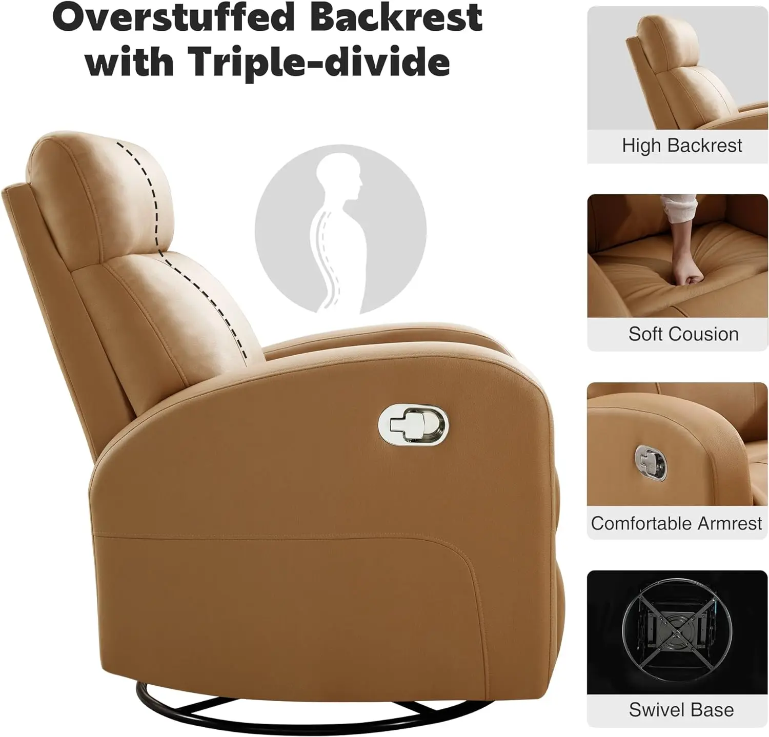 Swivel Rocker Recliner Chair, Manual Glider Rocking Recliner Chair, 360 Nursery Recliners Swivel Reclining Chair Pu Leather Wood