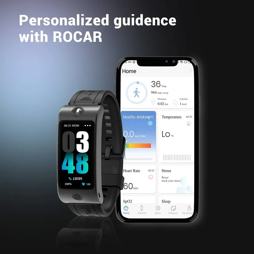 ROCAR C Smart Watch with Alcohol Test  Blood Oxygen Heart Rate Stress Monitor 1.47 AMOLED Screen Smart Band Waterproof