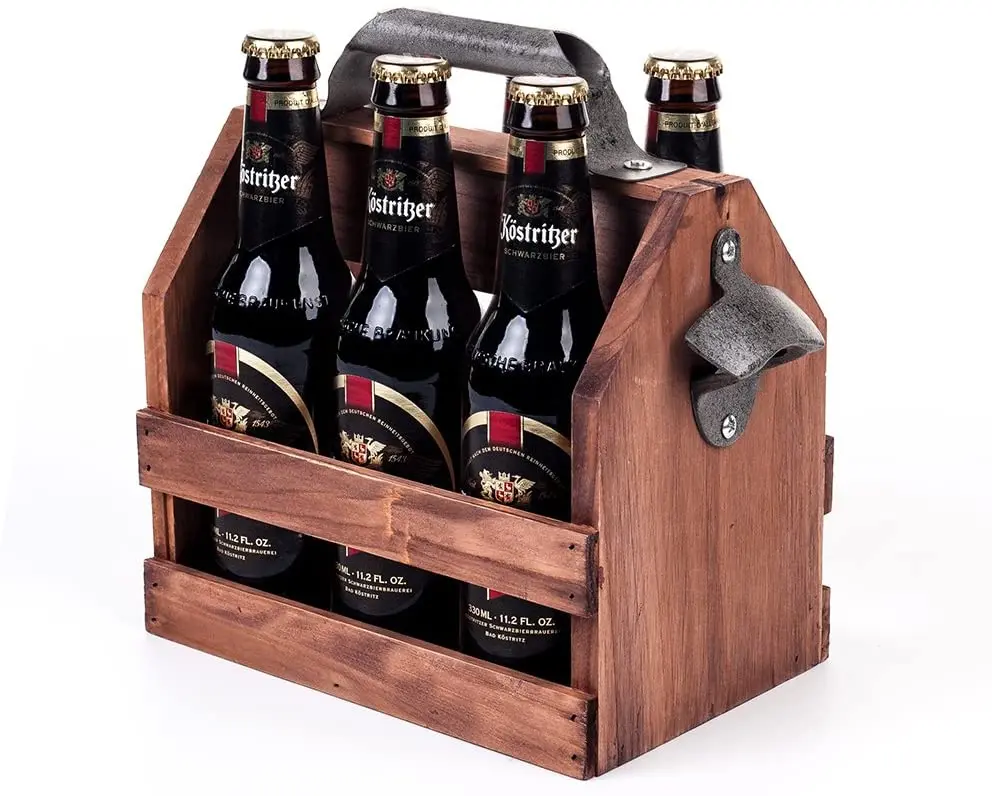 Holding Portable Rustic Farmhouse Six Divide compartments Beer Storage Pine Wooden Beer Caddy Carrier with Bottle Opener