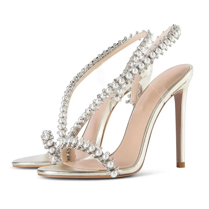 Support Custom LOGO Gold PU Crystal Pearl Strap Party Shoes 12cm High Heel Sandals PLUS SIZE