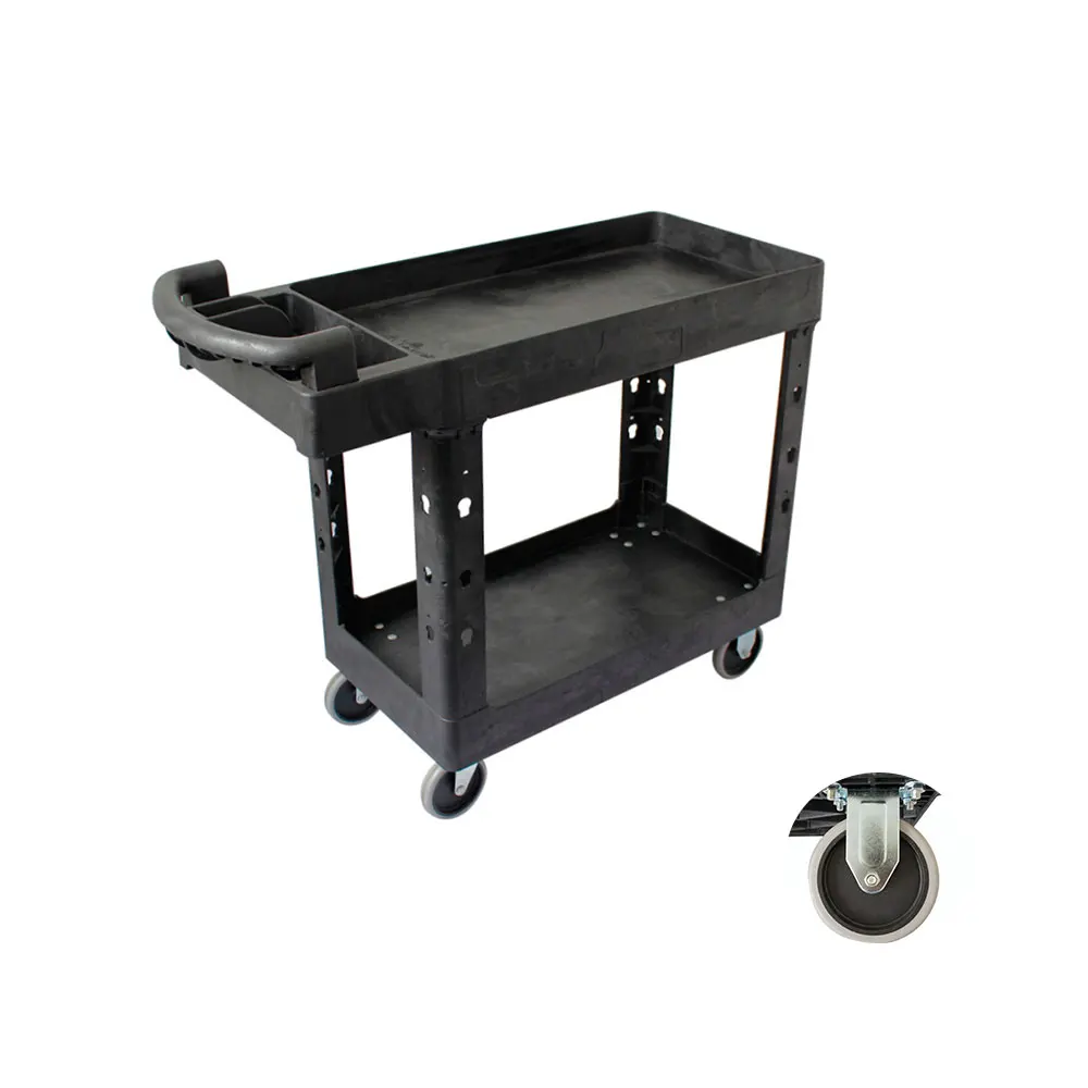 Eco-friendly Multifunctional Two Tray Handle 500lb Heavy Duty Plastic Utility Carts Service Trolley Rolling Tool Carts