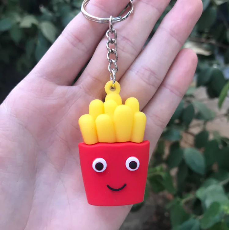 Cute Bubble Tea milk Pendant Keychains PVC Rubber Dolls Gifts Car Schoolbag Hamburger French fries popcorn keyring  Accessories