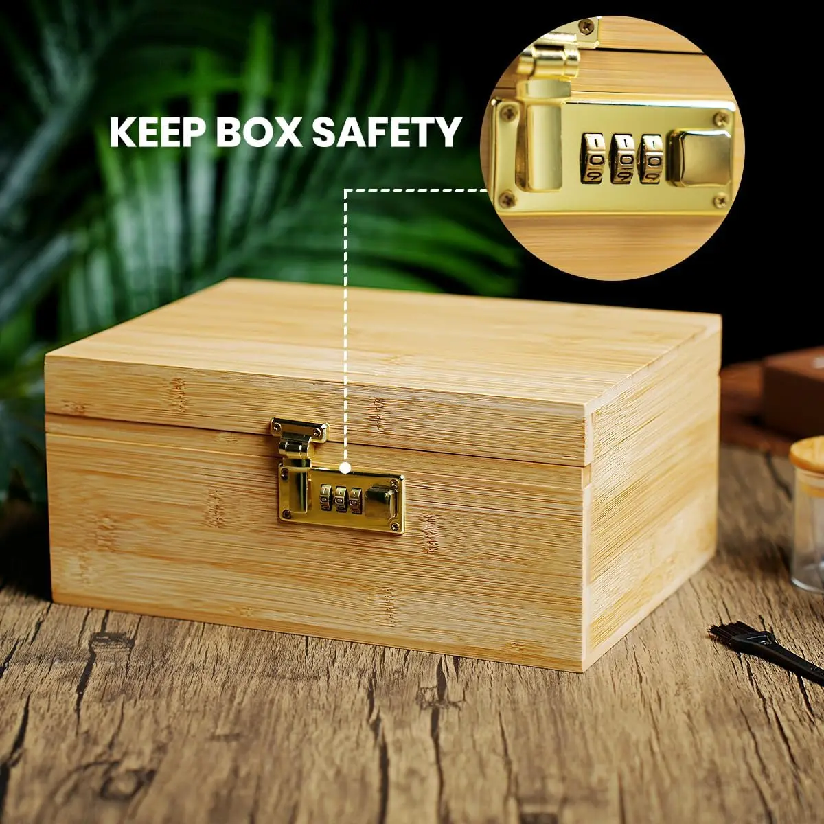 Large Bamboo Box with Combination Lock Decorative Box with Glass Jar & Brush For Home,Wooden Lockable Container with Large Tray