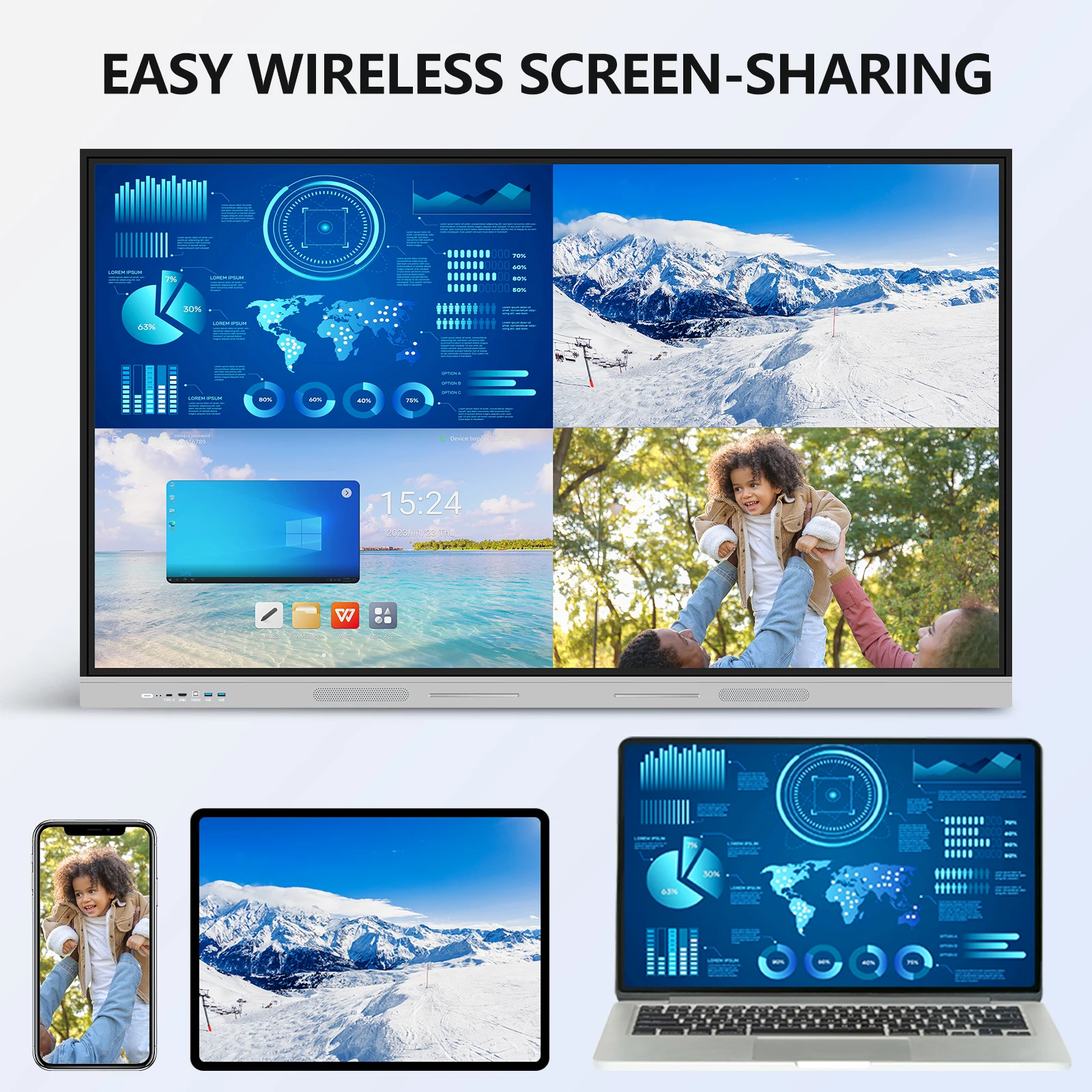 55 65 75 85 100 inch Capacitive Touch Interactive Smart Board with Dual System and Wireless Screen Projection Teaching