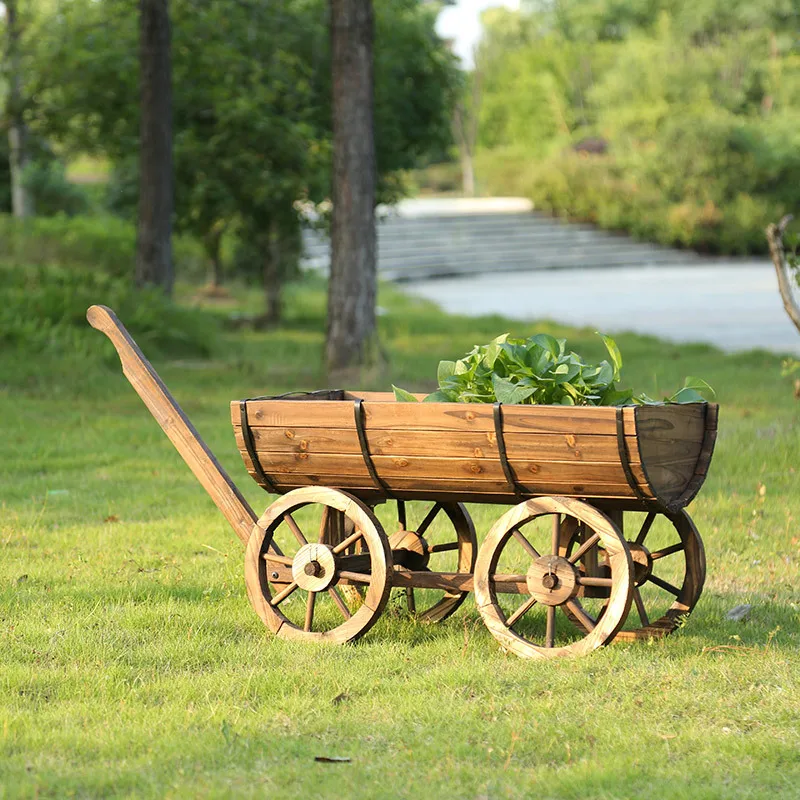 Rustic  Wooden Barrel Country Garden Wagon Planter Cart