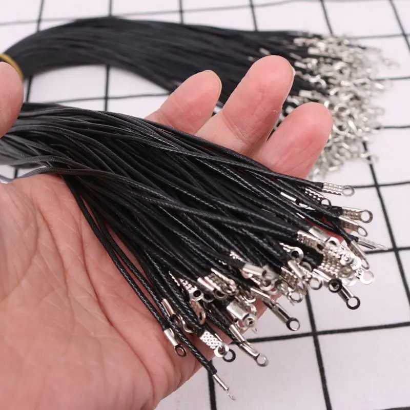 100PCS 45/50/60/70 cm Black Braid Wax Cord DIY Pendant Necklace Jewelry Making Handmade Leather Rope Steel Clasp String Chain