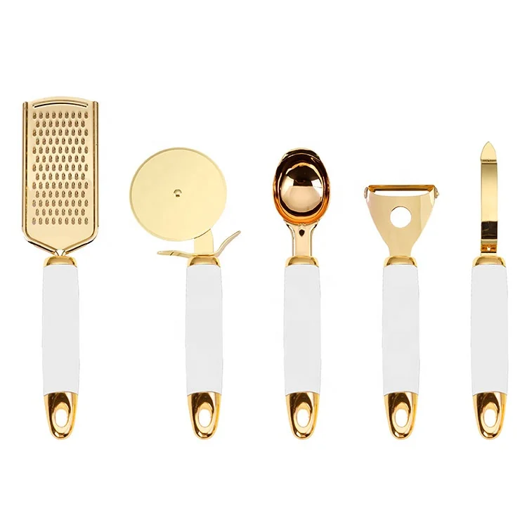 
kitchen flat kitchenware accessories, 5 pcs in one set, Ginger Grater,Peeler,Ice Cream Spoon & Pizza cutter, golden style, hot! 