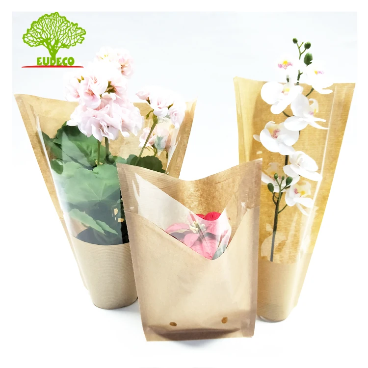FSC Certified Printed 3 Pieces Herb Kraft Paper Bopp Material Planter Pot Cover Flower Sleeves