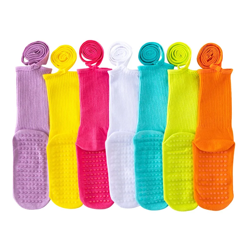 Female Pilates Non-Slip Candy Solid color Crew Workout Gym Barre Ballet Dance Anti-Slip Crossed straps tie bows Yoga Socks