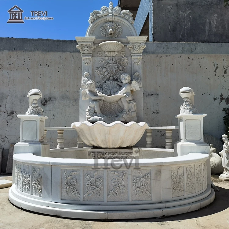 Western french white corner natural stone angel statue marble wall indoor fountain