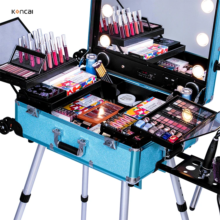 KONCAI Aluminum Make-up Case Artist Professional Rolling Trolley Beauty Makeup Cosmetic Case with Mirror Light