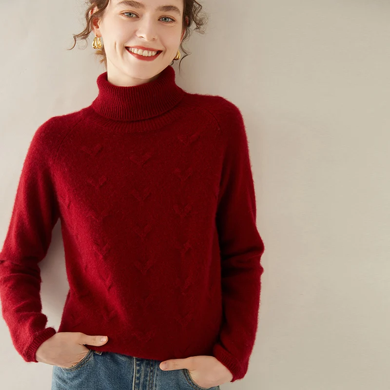 Autumn and Winter New 100% Cashmere Fabric Women Turtleneck Knit Sweater Solid Color Thick Sweater