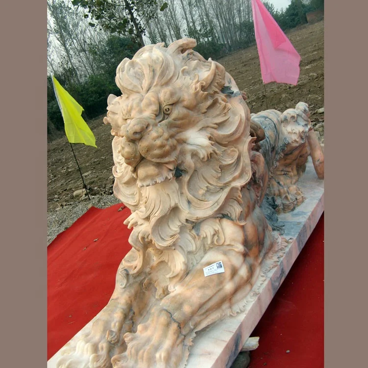 Life size hot selling sunset red marble stone lion sculpture for square bank company