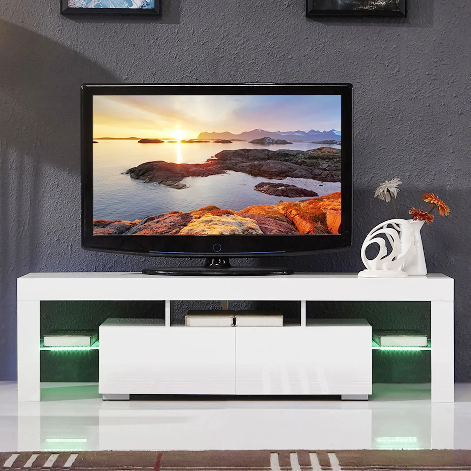 Modern Luxury High Gloss White Wholesale Blue Led Light Wooden Tempered Glass Tv Stand With Showcase