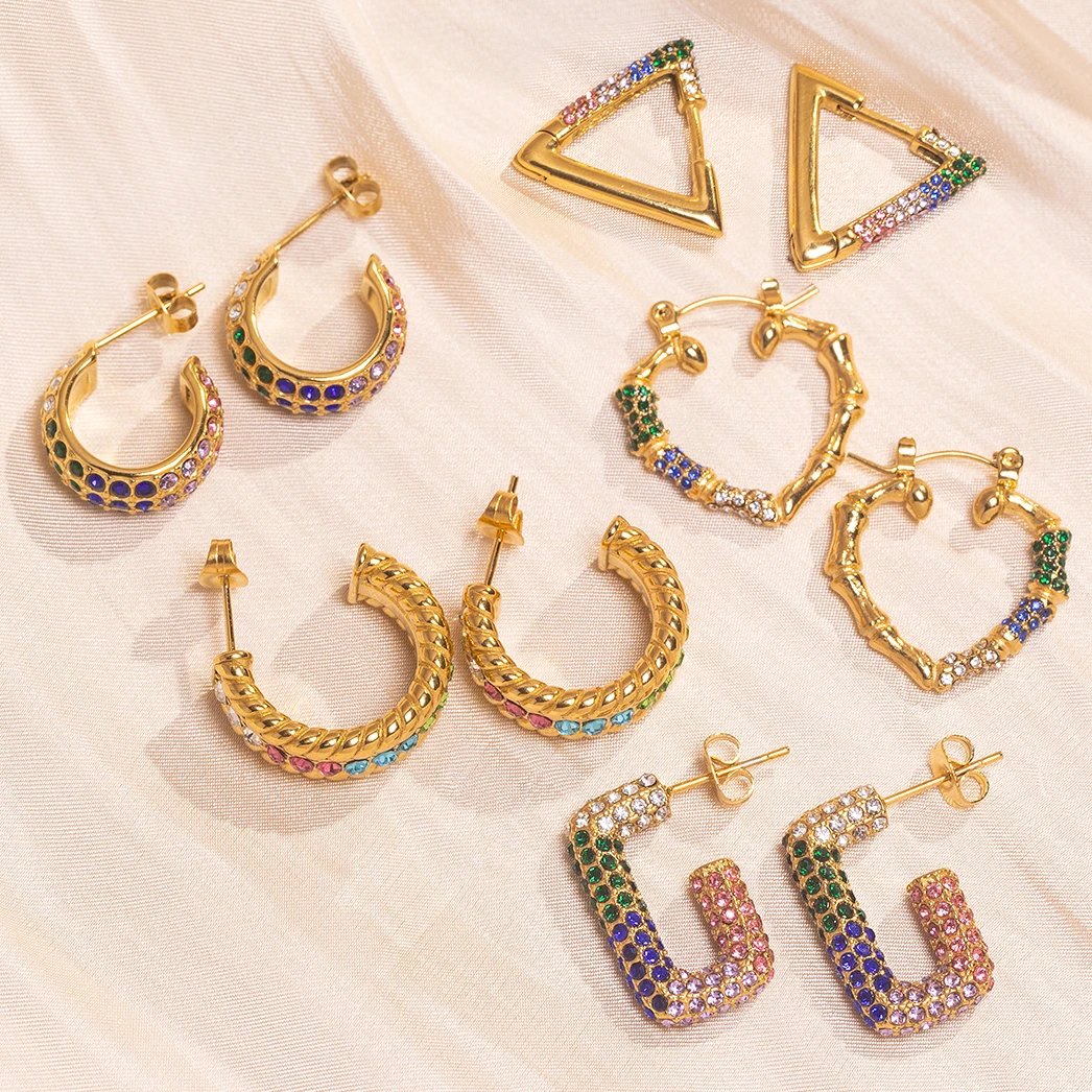 Waterproof Jewelry 18K Gold Plated Triangle Shape Design Geometric Earring Stainless Steel Colors Zircon Inlaid Women Earrings