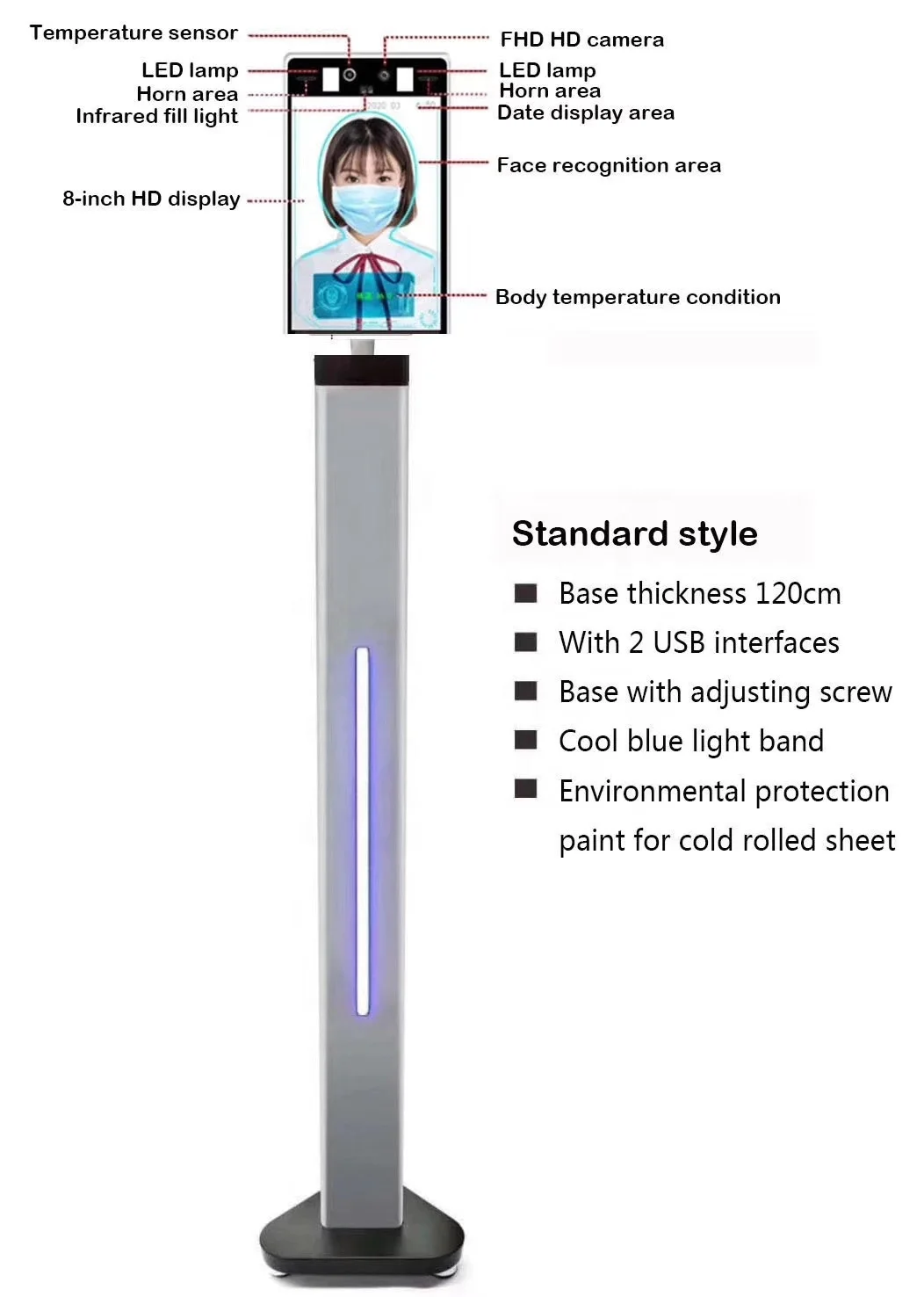 8 inch Non-Contact Infrar ed Thermo meter Body Face Recognition detection Time Attendance System Access Control