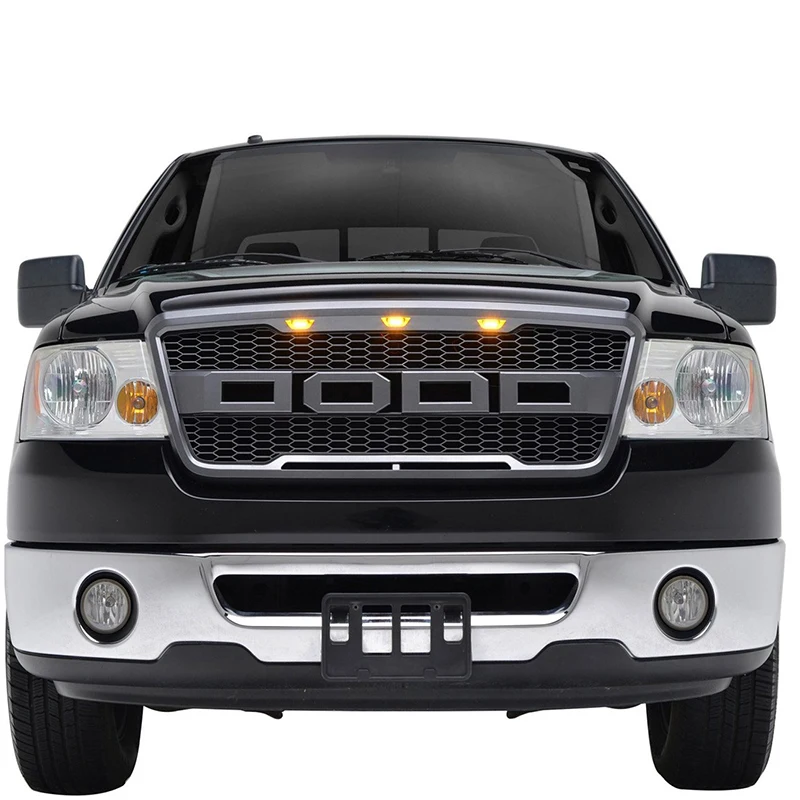 Matte Black Front Hood Mesh Grille+Amber 3x LED Fit For Ford F150 2004-2008