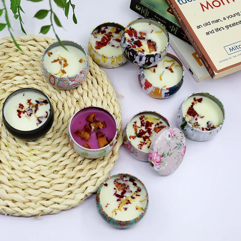 Travel Candle Soy Wax Tin Candle Gift Set Aroma Tin Jar Soy Wax Aromatherapy Scented Dry flowers Candle