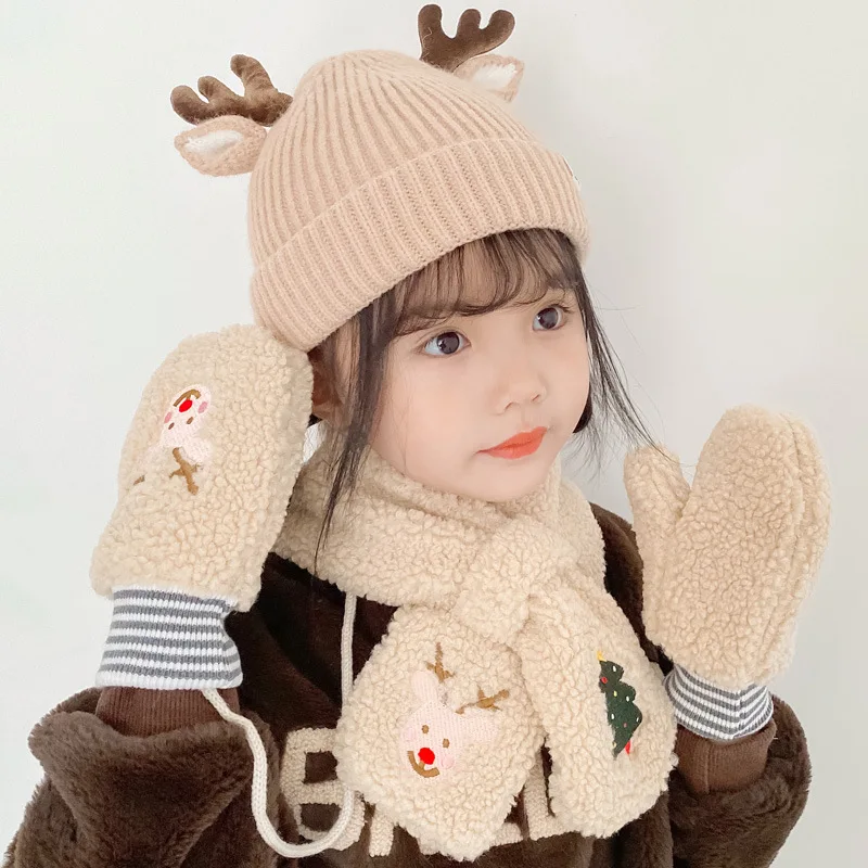 Baby Cashmere Hat and Scarf Sets Christmas Tree Mittens Gloves Kawaii Beanie for Boys Girls Knitted Antlers Headwear Child Hats