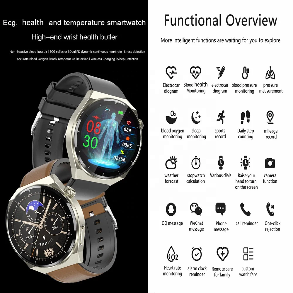 Leather Band wireless charing smartwatch Accurate ECG heart rate Blood Oxygen thermometer Health monitor Smart watch