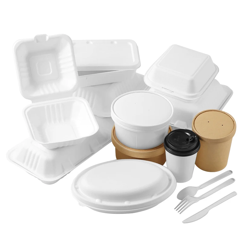 Desechables disposable pulp tableware sugarcane bagasse clamshell to go container with lid