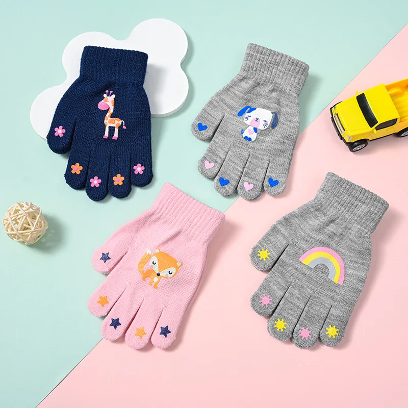 MIO Cute Cartoon Winter Gloves for Kids Soft Warm Acrylic Knitted Stretch Mittens Magic Animal Pattern Daily Cycling Fishing