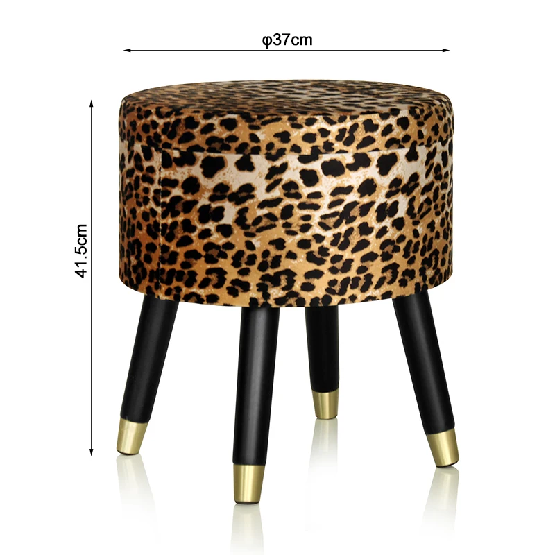 Leopard Print Space Saving Velvet Storage Foot Pouf Ottoman Stool with Wooden Legs