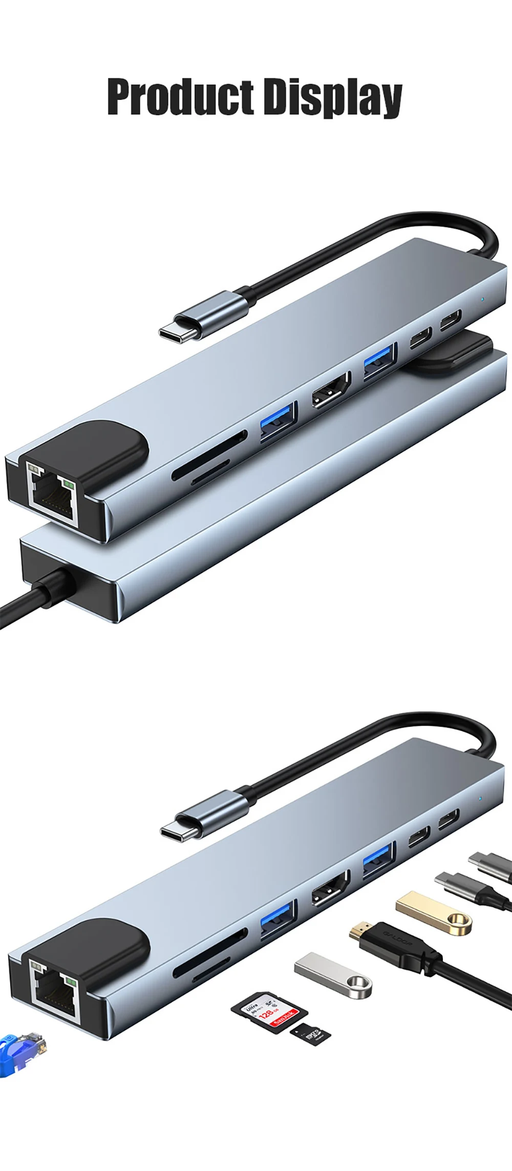 8 Ports USB Hub 4K HDTV RJ45 Ethernet USB 3.0 PD 100W 8 in 1 Type C Dock Station for Macbook Pro Air Windows Laptop Accessories