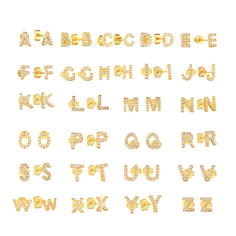 A-Z Alphabet Letter 925 Sterling Silver Bling Fine Jewelry Collection 18K Gold Plated CZ Stone Cubic Zircon Stud Earring