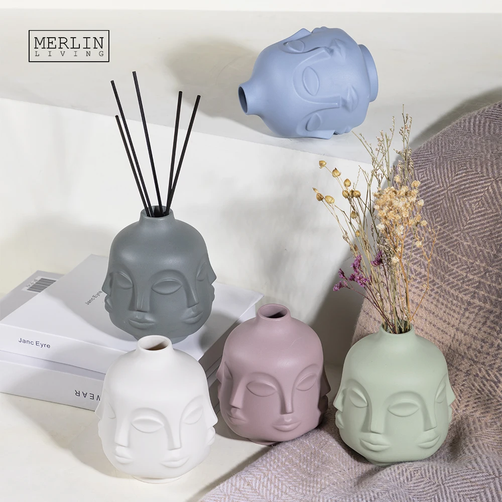 Merlin Living colorful face ornament art funny decoration flower vase ceramic creative small vase modern style for ceramic vase