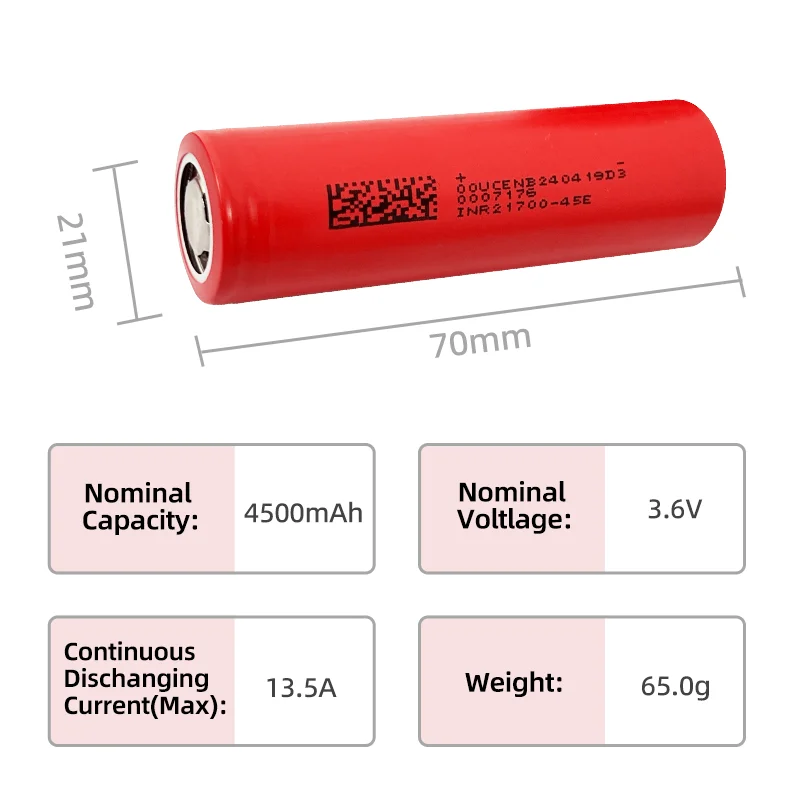 Lithium Battery Rechargeable Cell 3.7V 4500mAH Discharge 3C INR 21700 Li-ion Battery For 36V 48V 60V 72V Ebike Scooter