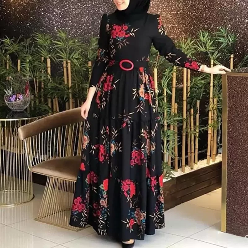 Casual Dresses Muslim Abaya Dress Plus Size Fashion Long Sleeve Elegant Ethnic Floral Print Belt Vintage Maxi Kaftan Robe