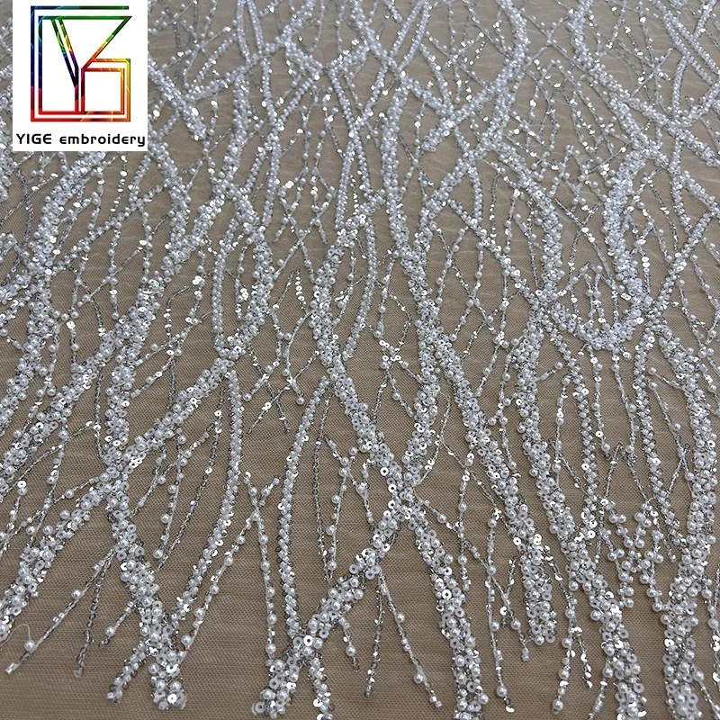 french beaded lace fabric White Bridal Net Laces dubai pearl bead sequins bridal embroidered tulle lace fabric for wedding dress