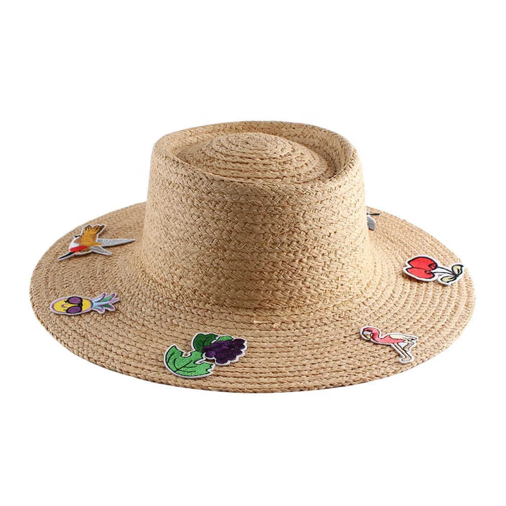 Fashion Lafite Straw Hat Summer Flat Top Embroidery Large Eaves Sunscreen Net Red Holiday Hat