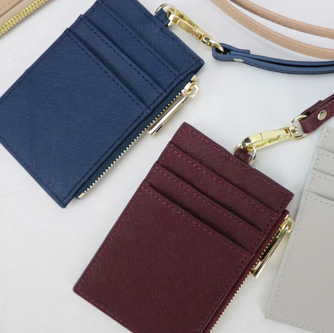 custom zipper badge saffiano genuine leather name id card holder with lanyard