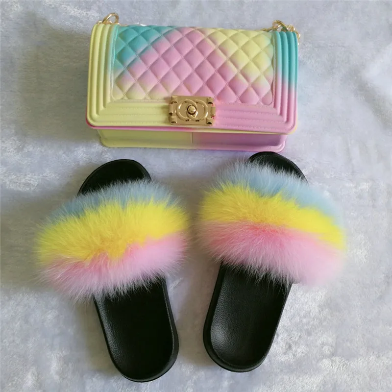 Wholesale Real Fur Slides And Matching Purse Set Rainbow Color Fox Fur Slides Slippers And Cross-body Jelly Bag Set
