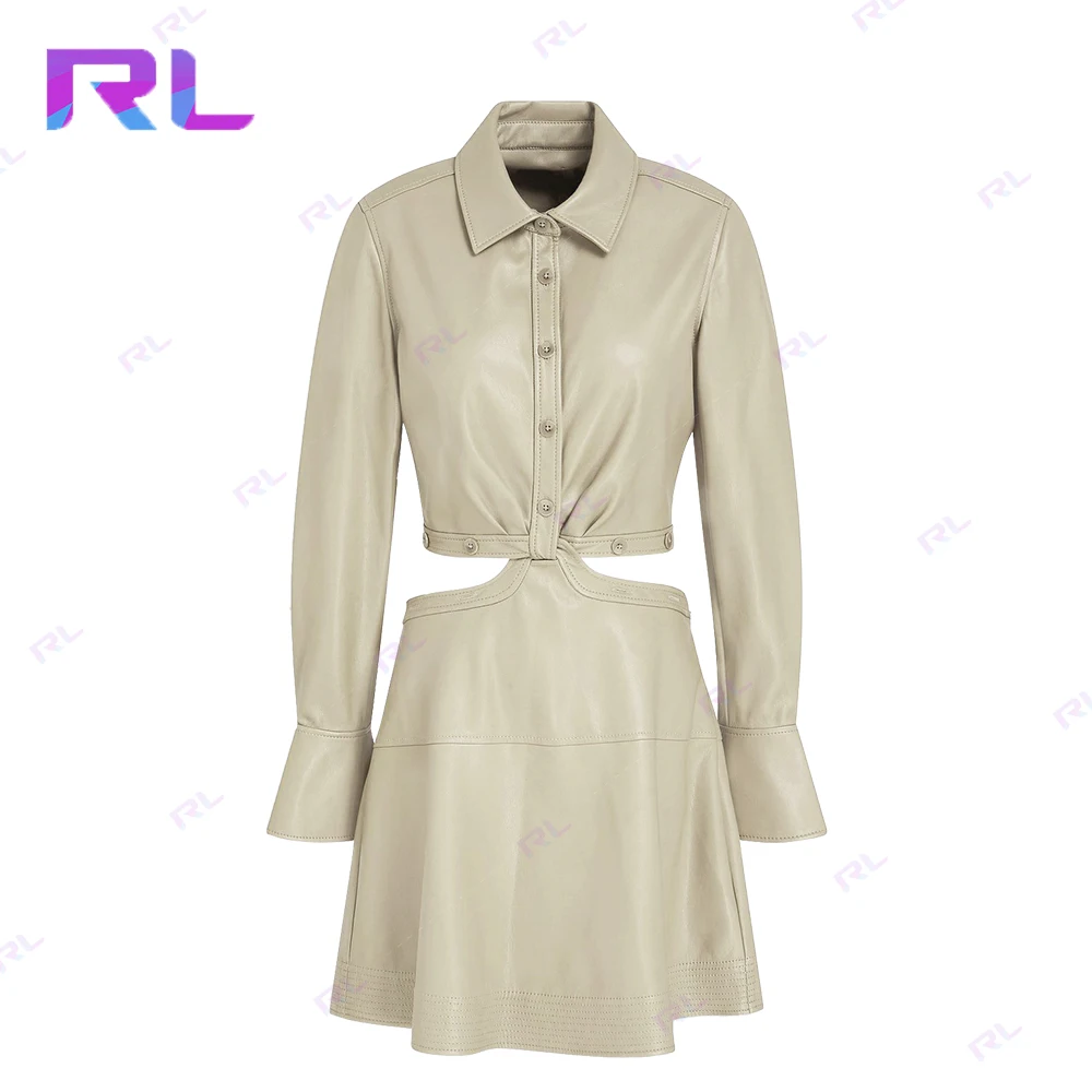 Long Sleeve Autumn Women Streetwear Clothing cutout twisted faux leather mini shirt dress 2 Piece Skirt Set Women Dress Set
