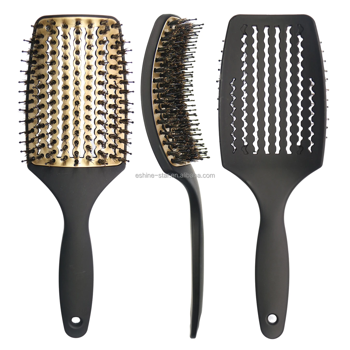 Пользовательская Фирменная золотистая щетка для волос с отверстиями натуральный кабан из нейлона высыхания и массажа головы изогнутая