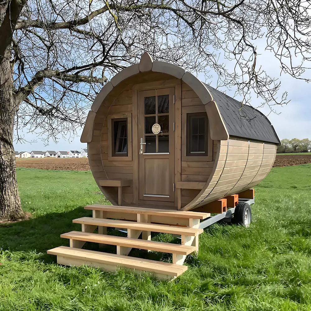 Outdoor Red Cedar Solid Wood Barrel Steam Sauna For 2 With Woodstove