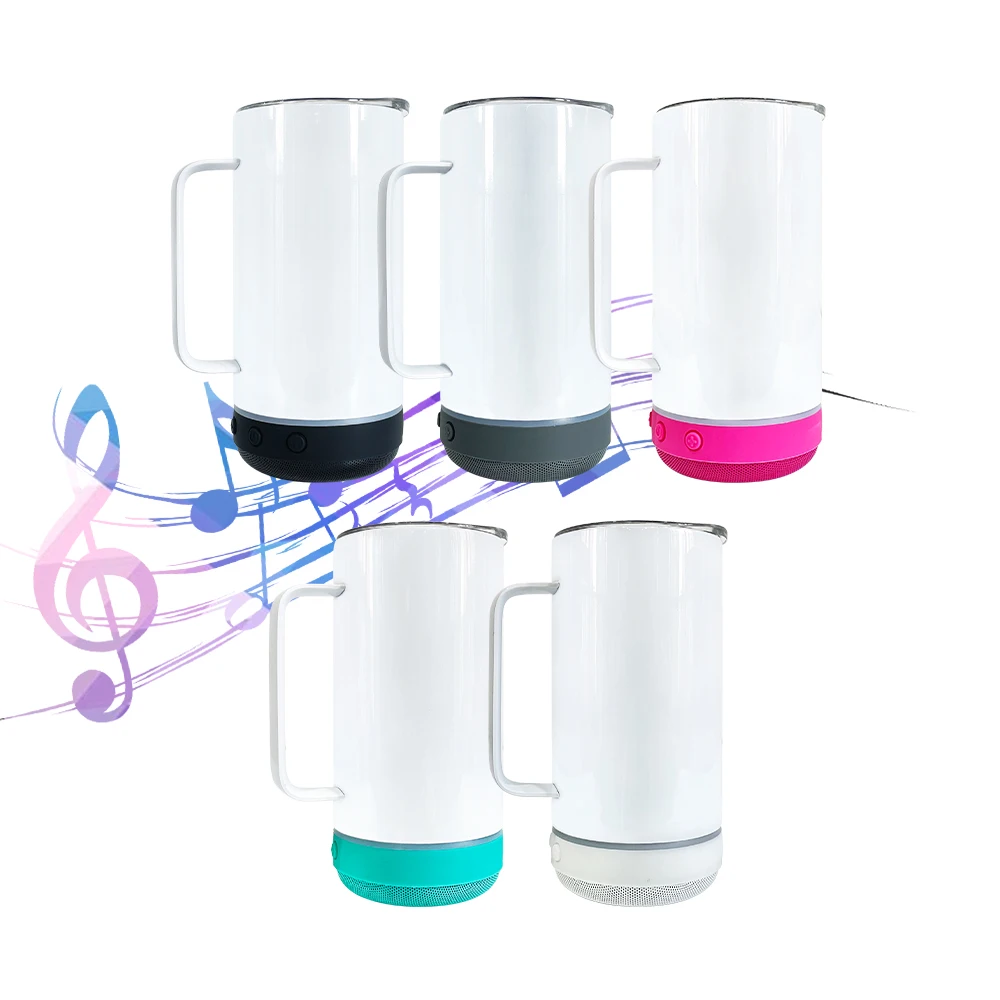 Music Player Mugs 14oz Sublimation Speaker Tumbler Smart Music Player with Handle for White Sublimation Transfer