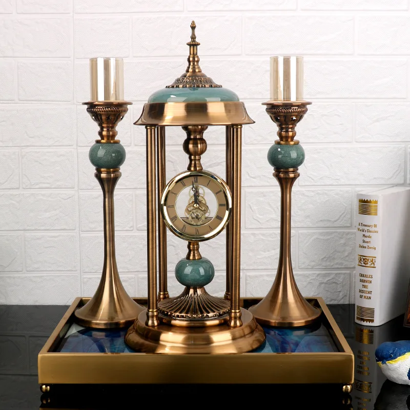 Vintage home decoration accessories luxury home decor decoration pieces boheme table clock and candle holder set