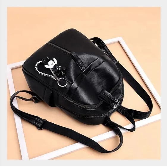 Korean Fashion Style Black Backpack Trendy Waterproof Casual Travel Bag Soft PU Leather School Backpacks for Girls
